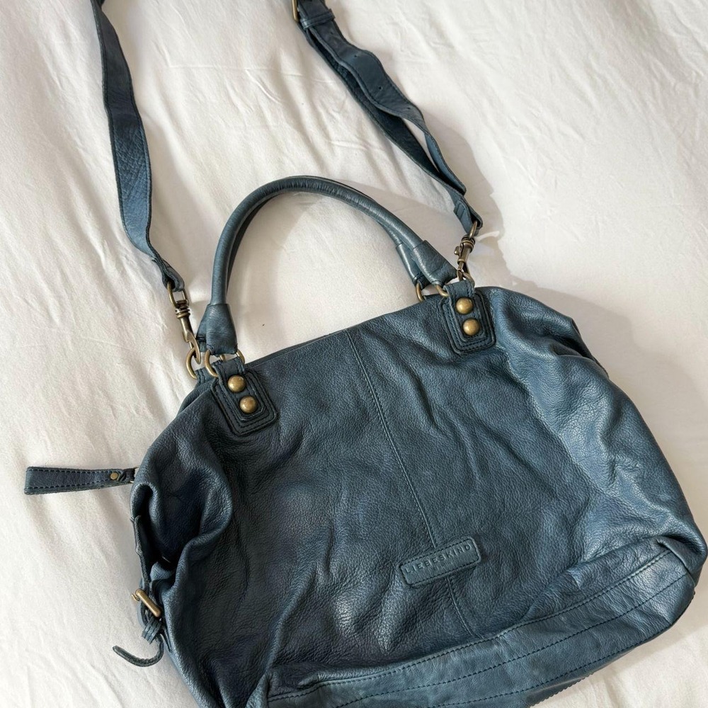 Liebeskind Berlin Large Navy Blue Pebbled Leather Satchel Tote Bag Brass Studs